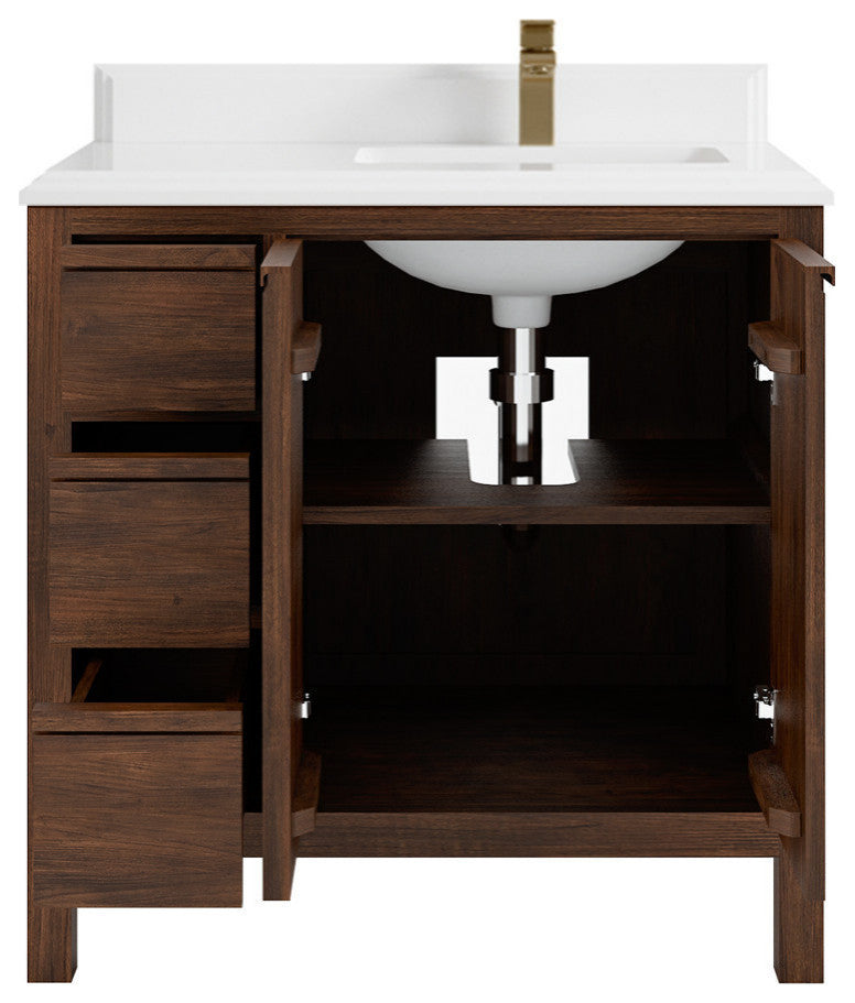 Elizabeth 36 Right Offset Bath Vanity in Dark Walnut Teak 1.5" White Quartz