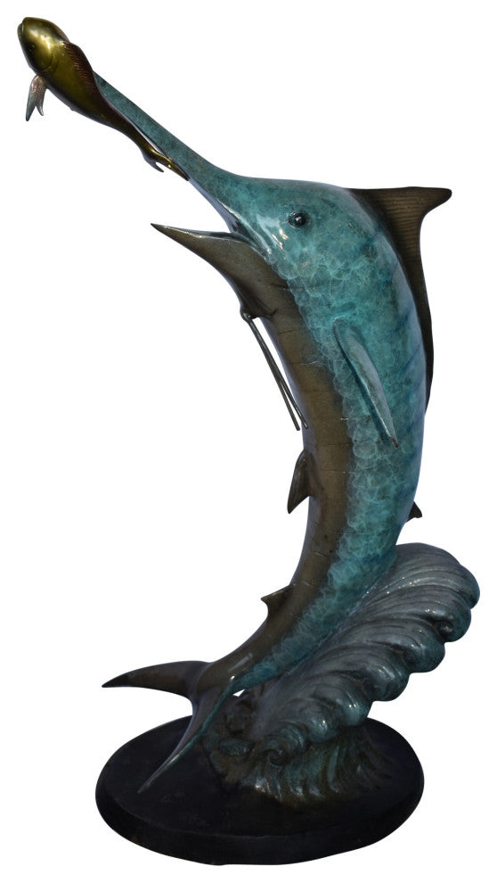 Marlin Fish Catching A Small Fish, Action Bronze Statue Size: 28" x 16" x 50