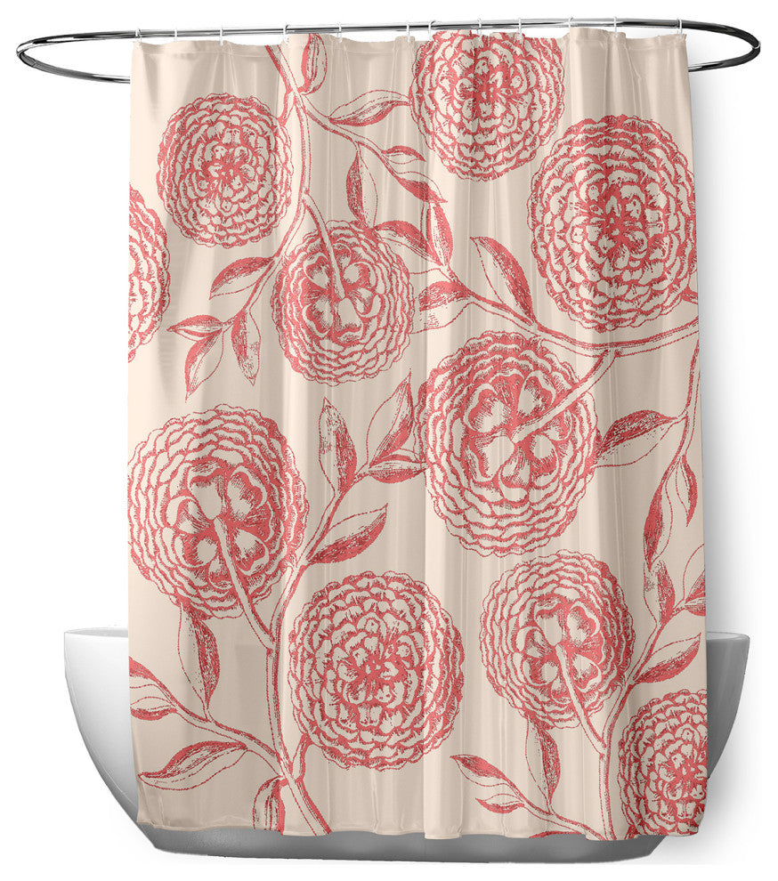 70"Wx73"L Antique Flowers Shower Curtain, Blush Coral
