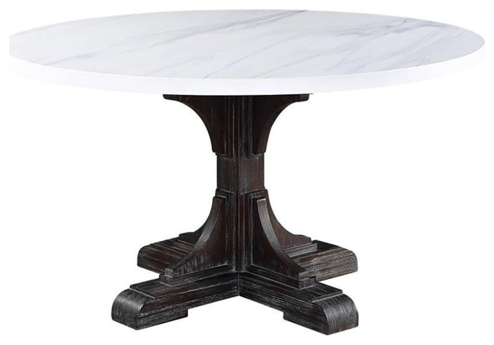ACME Gerardo Round Marble Top Dining Table in White and Weathered Espresso
