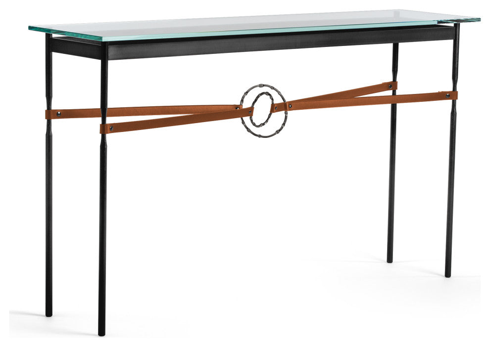 Equus Console Table, Black Finish - Dark Smoke Accents - Chestnut Leather Strap