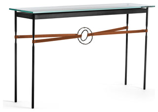 Equus Console Table, Black Finish - Dark Smoke Accents - Chestnut Leather Strap