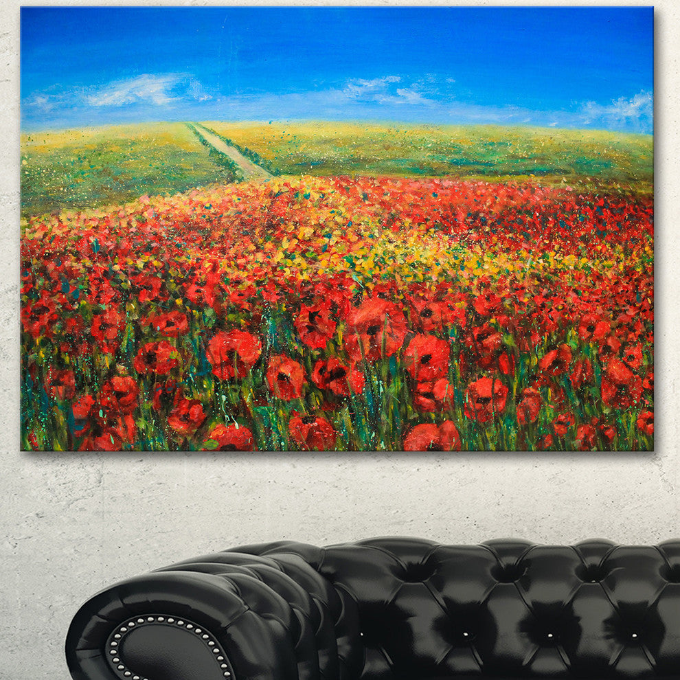 Acrylic Landscape with Red Flowers, Extra Large Floral Wall Art, 60"x28"
