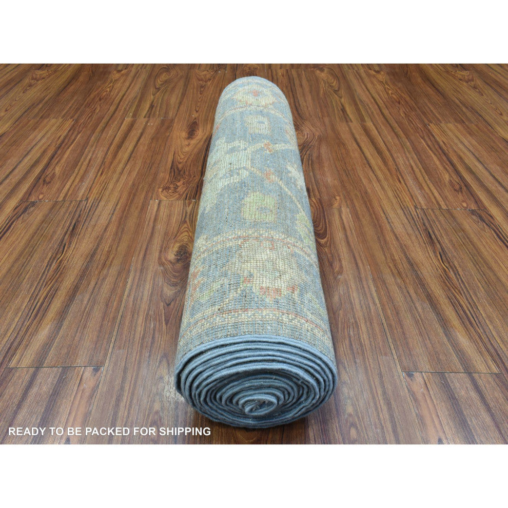 Light Blue Soft Wool Hand Knotted Afghan Angora Oushak XL Runner Rug 2'7"x15'10"