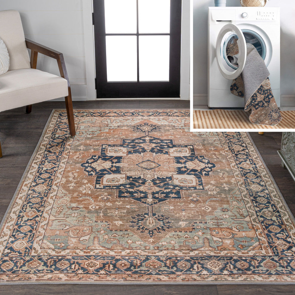 Maris Ornate Medallion Machine-Washable Beige/Blue 5 ft. x 8 ft. Area Rug