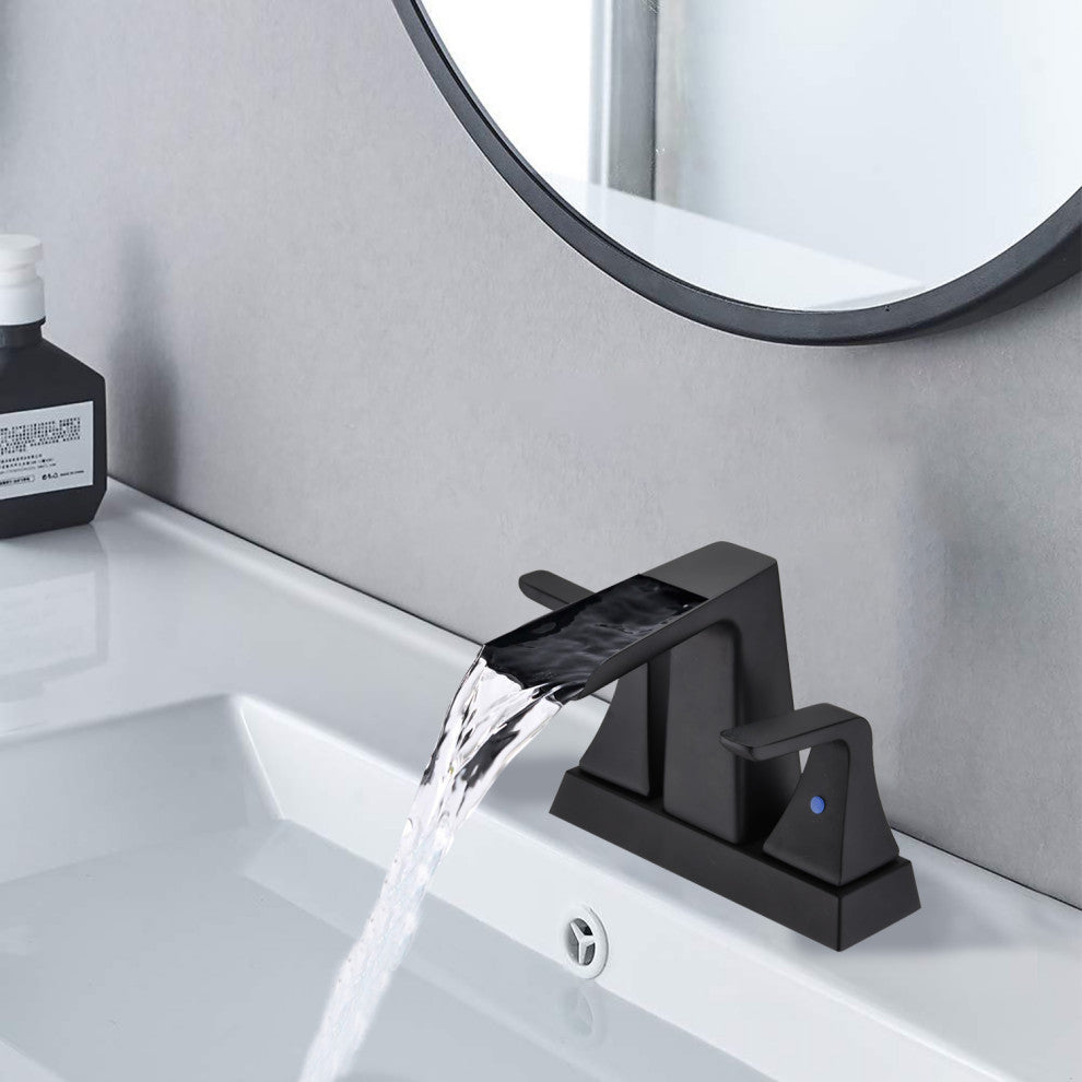 4" Centerset Waterfall Bathroom Faucet, Overflow Pop Up Drain, Matte Black