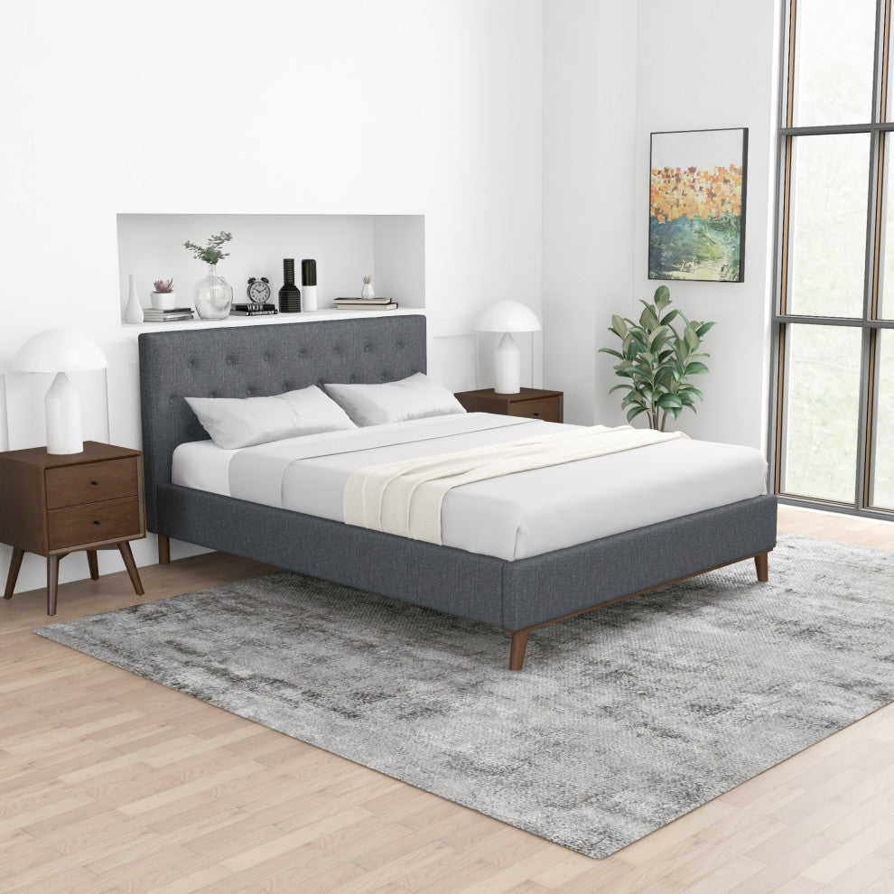 Ashton Mid-Century Modern Solid Wood Tufted Dark Grey Fabric Platform Bed, Queen