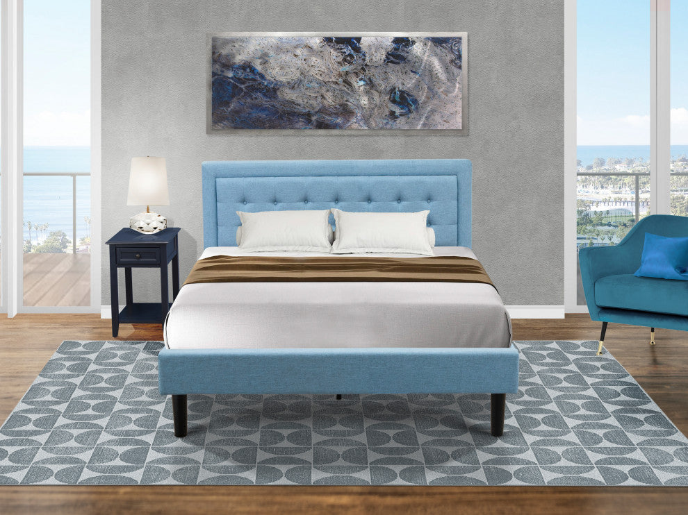 2Pc Fannin Queen Bedroom Set, 1 Wood Bed Frame, End Table Denim Blue
