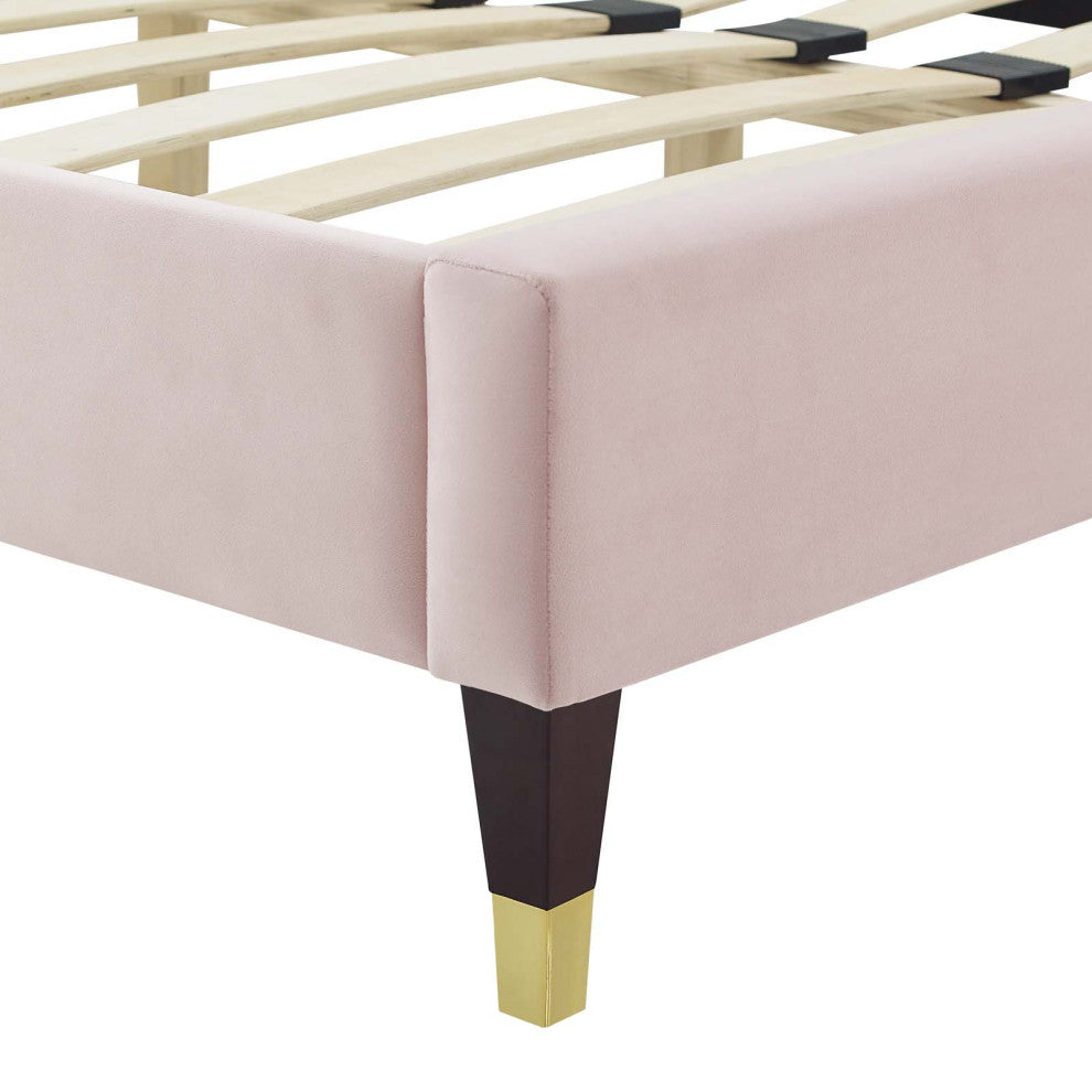 Platform Bed Frame, King Size, Velvet, Pink, Modern Contemporary, Bedroom Master