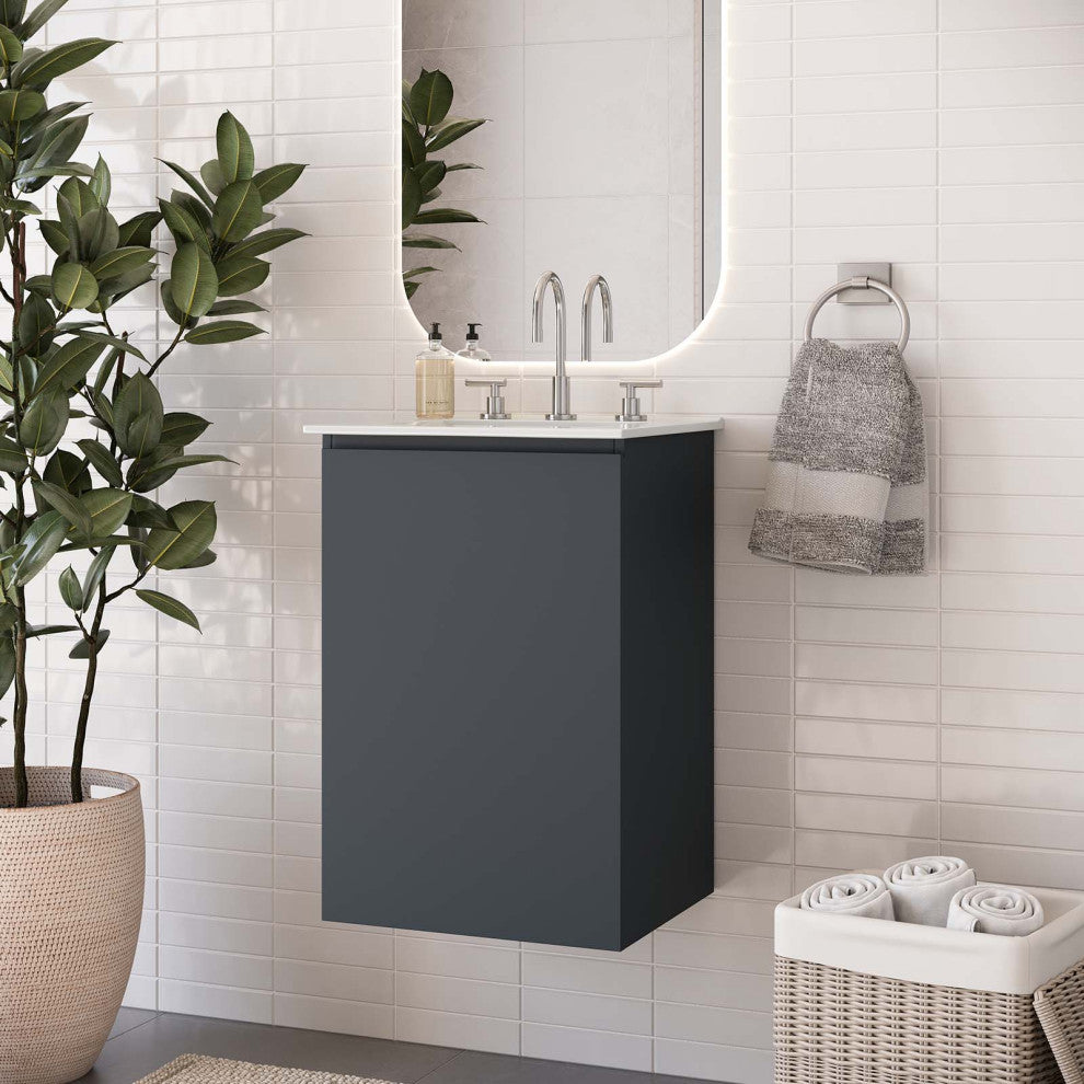 Sink Vanity Cabinet, Wall Mount, White Gray, Ceramic, Modern, Bathroom