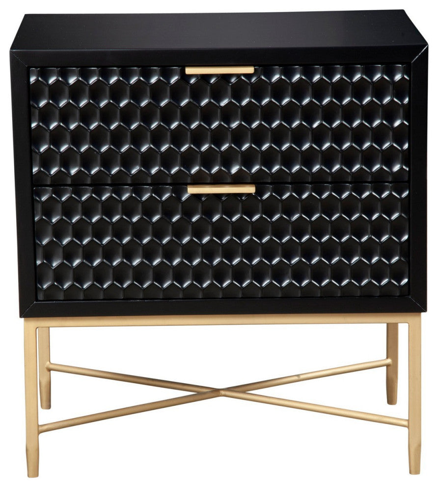 Benzara BM284258 Rexi 26" 2 Drawer Nightstand, Honeycomb Wood, Black, Gold