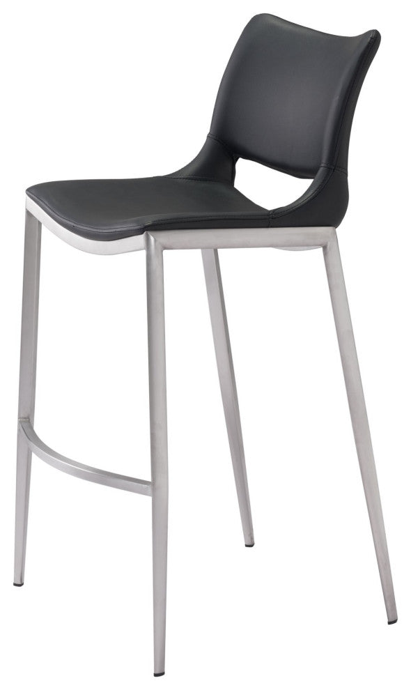 Bar Stool Chair Barstool, Set of 2, Faux Vinyl Leather, Steel, Black, Silver