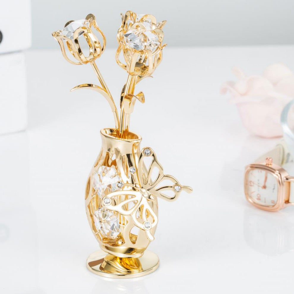 Matashi 24K Gold Plated Flower Ornament in Vase w Crystals Decorative Butterfly