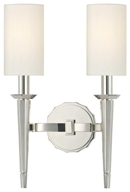 Tioga, Two Light Wall Sconce, Polished Nickel Finish, White Faux Silk Shade