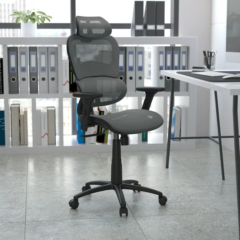 Contemporary Office Chair, Mesh Seat & Back With Adjustable Headrest, Gray