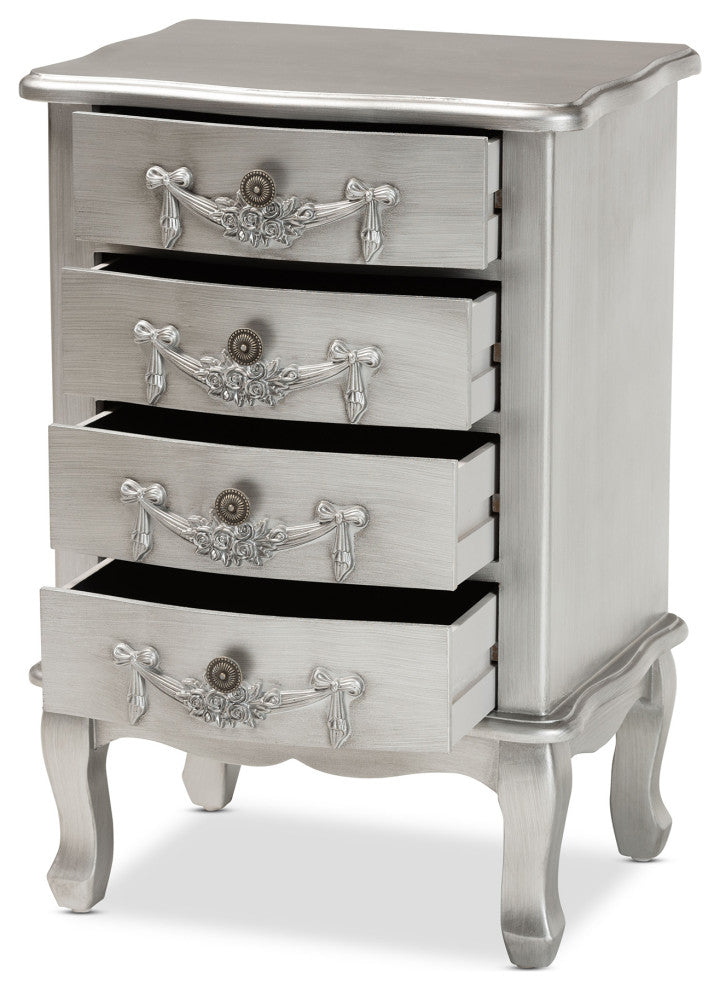 Callen Classic and Traditional Brushed Silver Finished Wood 4-Drawer Nightstand