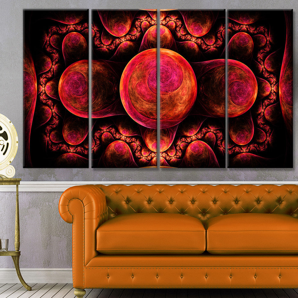 Red Exotic Fractal Pattern, Abstract Art on Canvas, 48"x28", 4 Panels