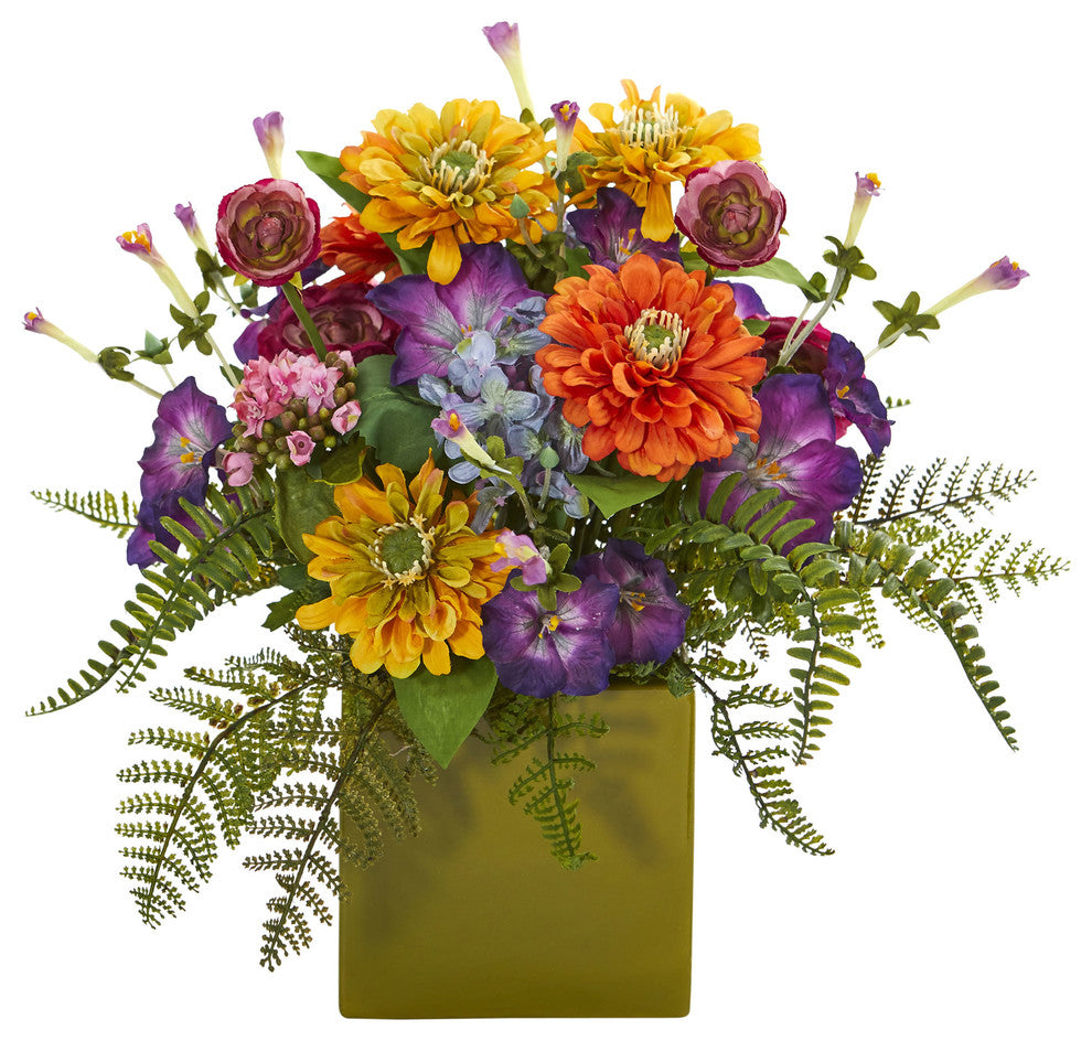 Mixed Floral Artificial Arrangement, Green Vase