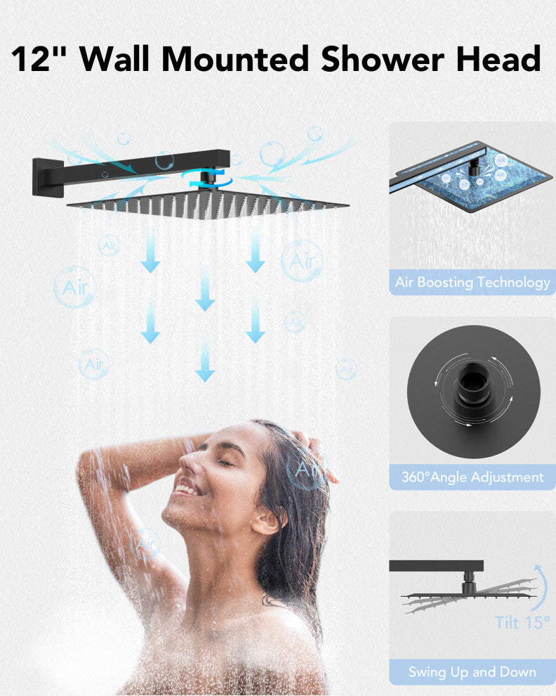 Thermostatic Shower System 12" Dual Shower Heads with Body Jet, Matte Black