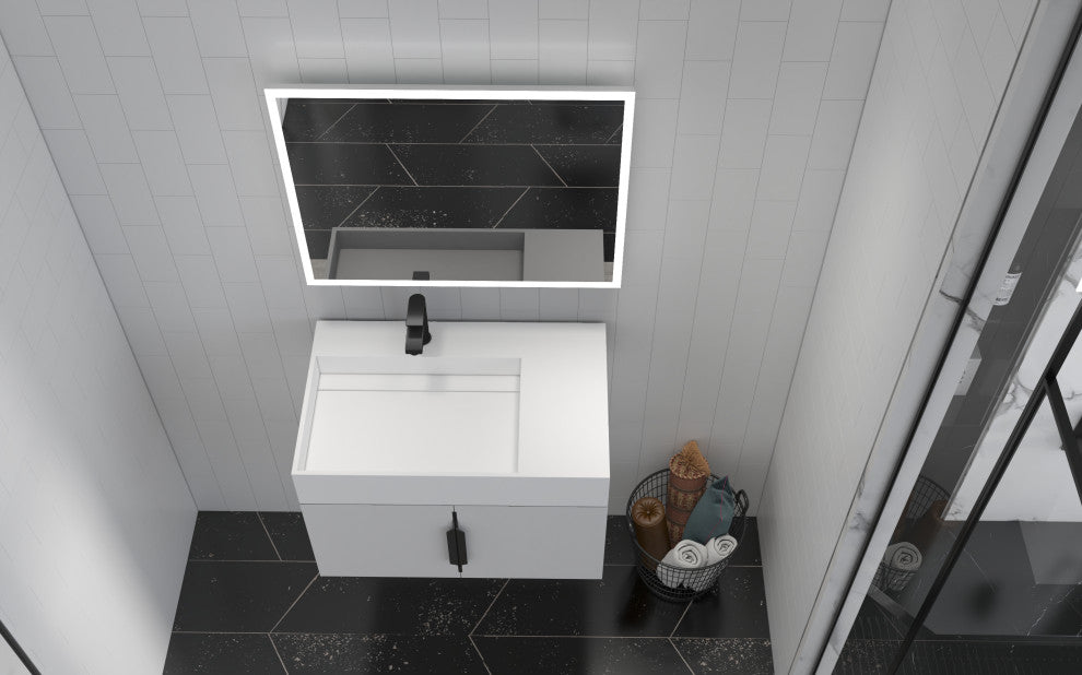 CastelloUSA Amazon 30" Left Wall Mounted Bathroom Vanity Set, White, White Top, Black Handles