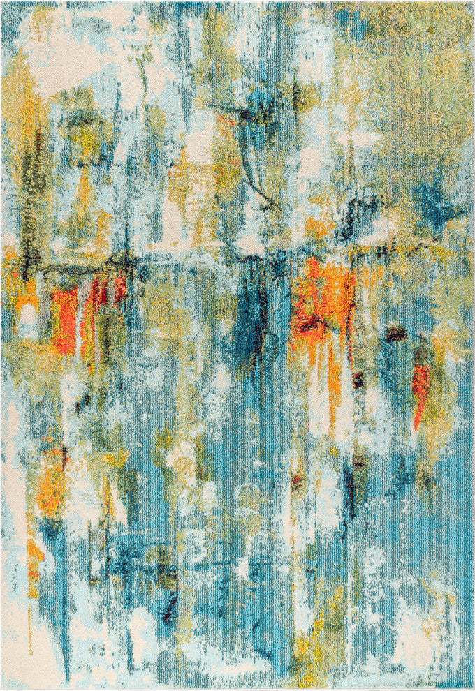 Contemporary POP Modern Abstract Area Rug, Blue/Cream, 8x10