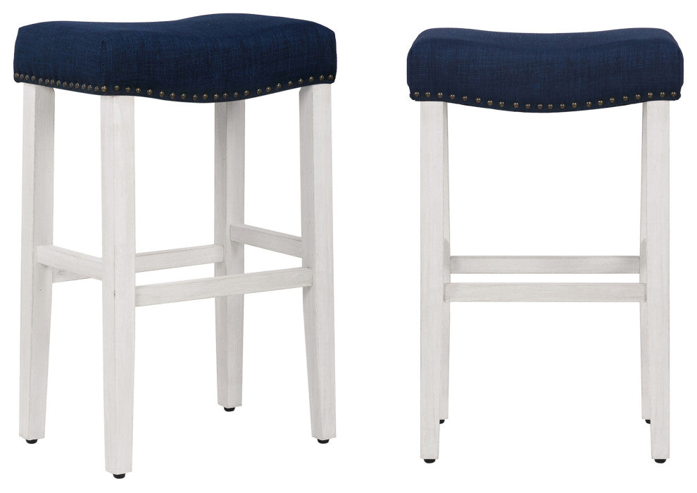 WestinTrends 2PC 29" Upholstered Saddle Seat Bar Height Stool Set, Accent Chair, Navy Blue