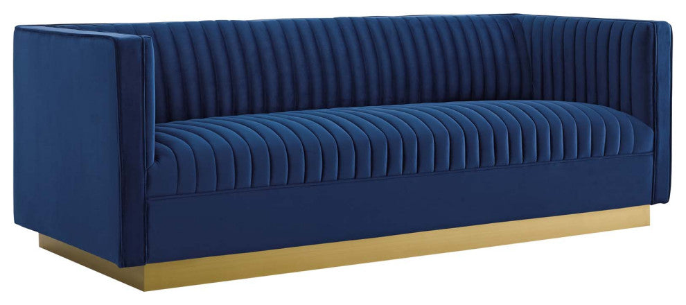 Tufted Upholstered Performance Velvet Sofa and Armchair Set - Navy