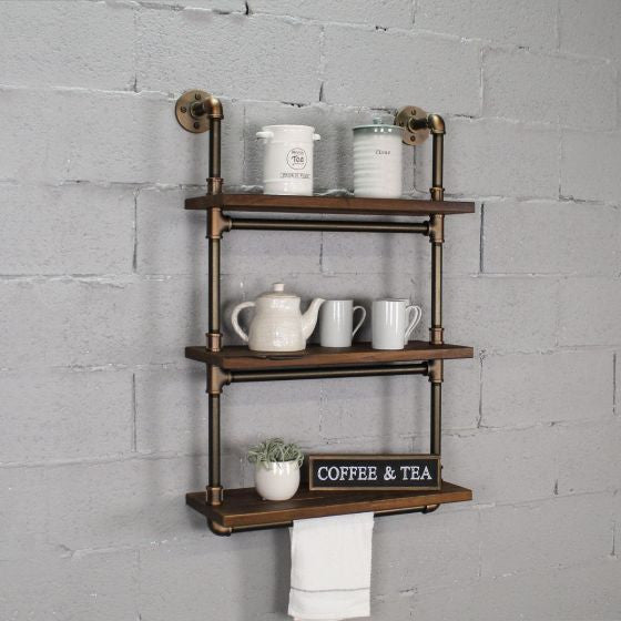 Juneau 30" 3-Tier Wall Mounted Bookcase, Rustic Bronze/Light Brown Wood