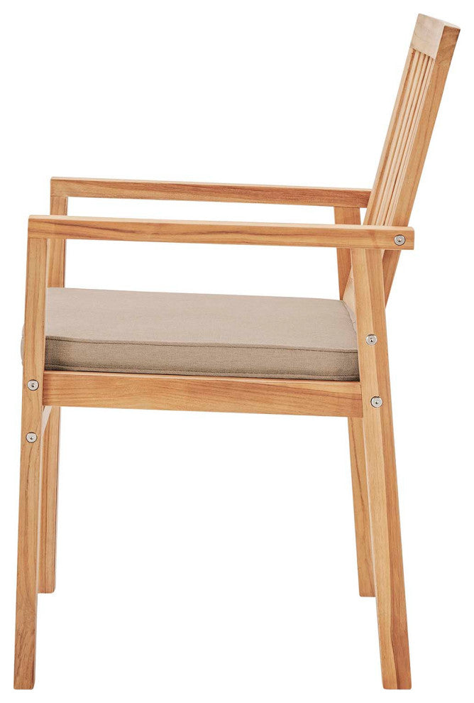 Side Dining Chair Armchair, Wood, Brown Natural Taupe Gray, Modern, Outdoor