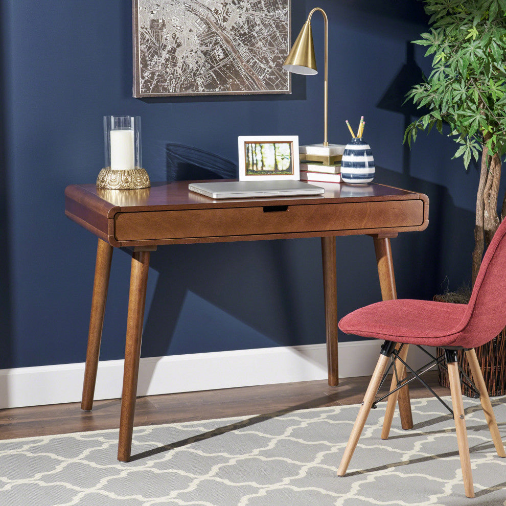 GDF Studio Rex Mid Century Rubberwood Writing Desk, Medium Brown