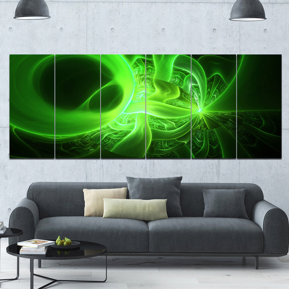 Bright Green Designs on Black, Abstract Wall Art Canvas, 70"x28", 6 Panels
