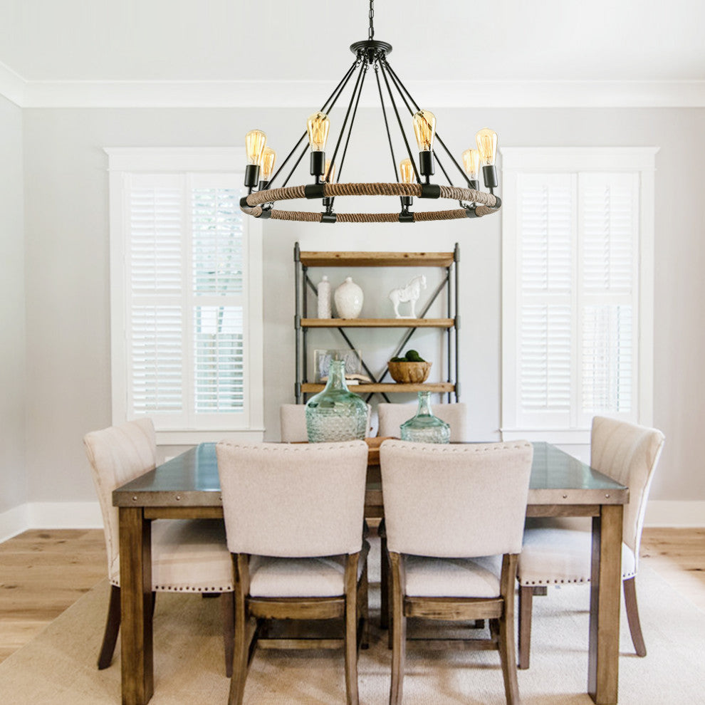 Modern Farmhouse Wagon Wheel Light Fixture, 8 Light