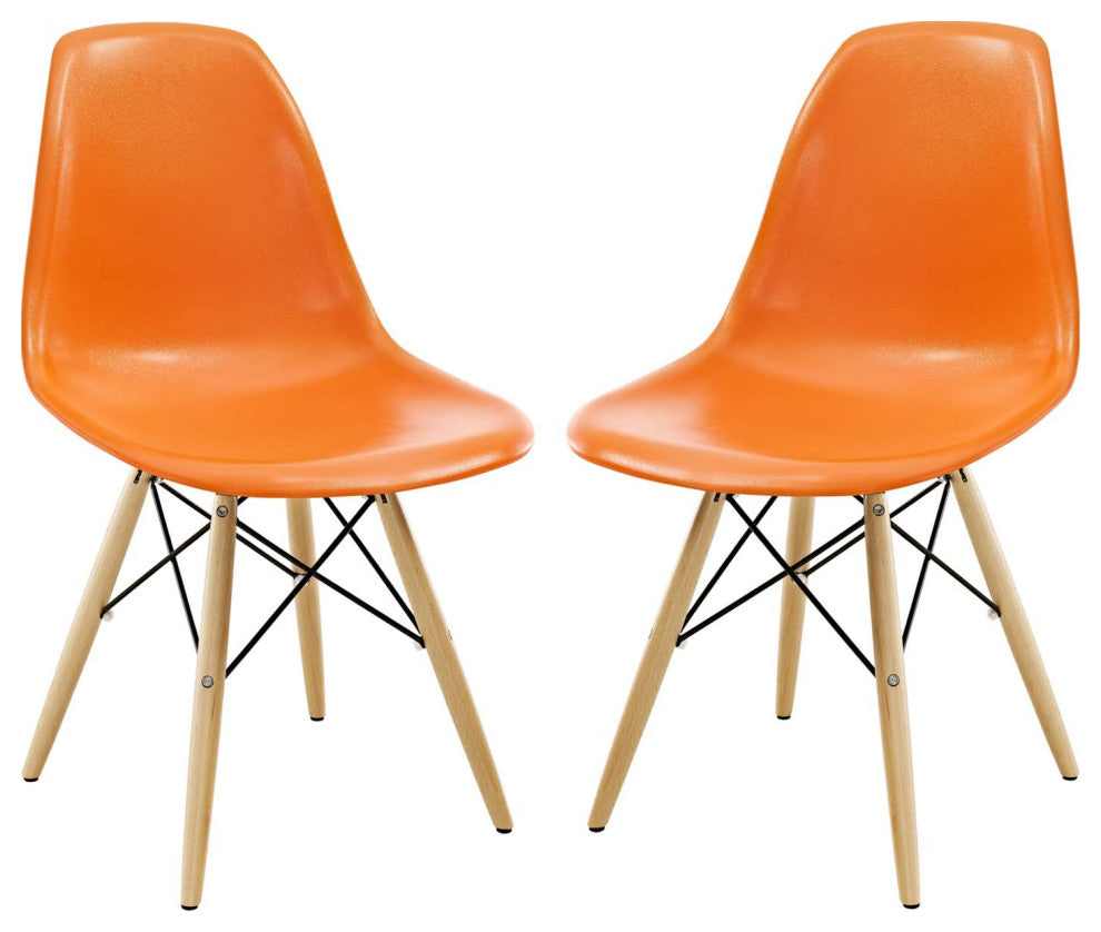 Side Dining Chair, Set of 2, Plastic, Wood, Orange, Modern, Bistro Restaurant