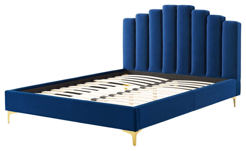 Platform Bed Frame, Queen Size, Velvet, Blue Navy, Modern Contemporary, Bedroom