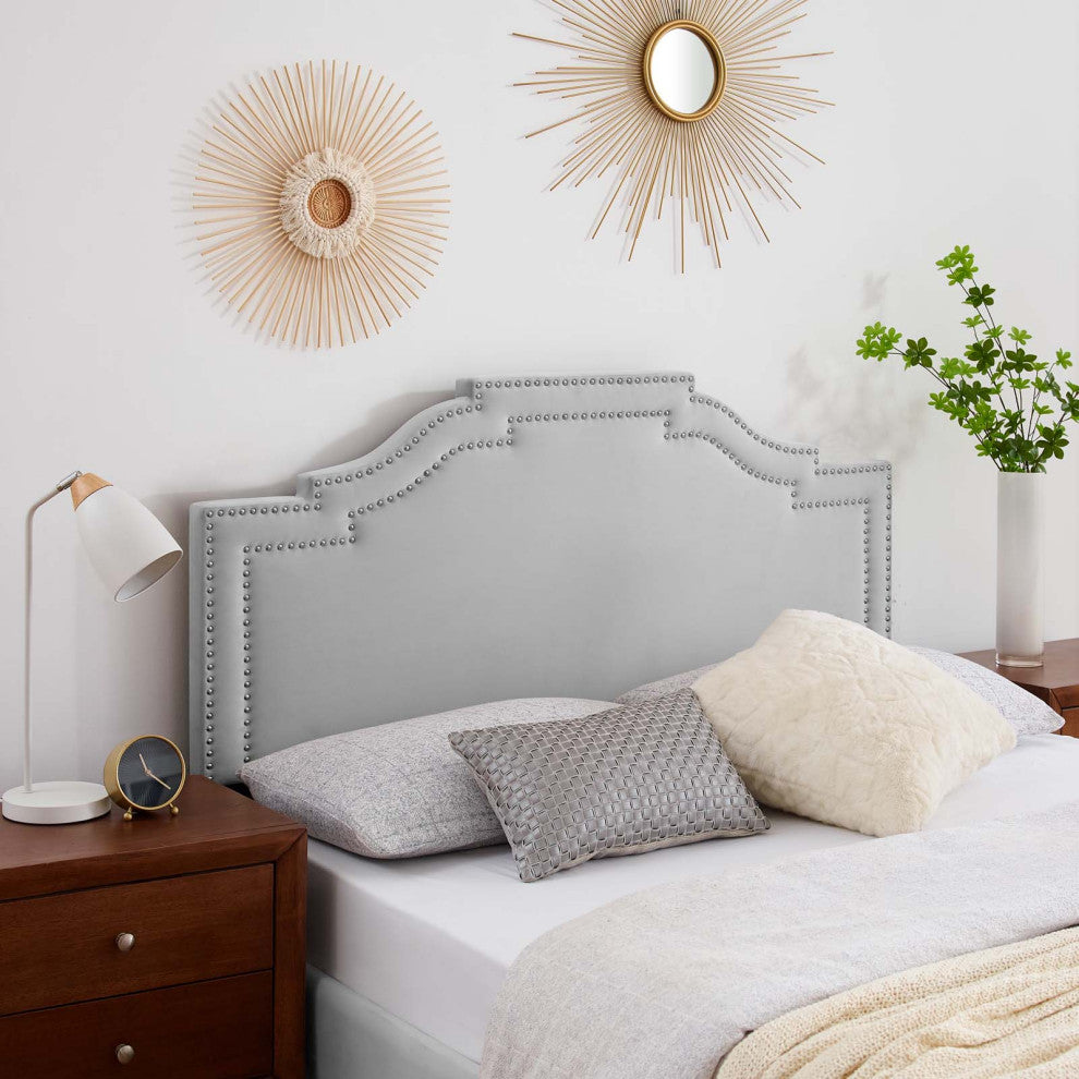 Headboard, Full Queen Size, Velvet, Light Gray, Modern Contemporary