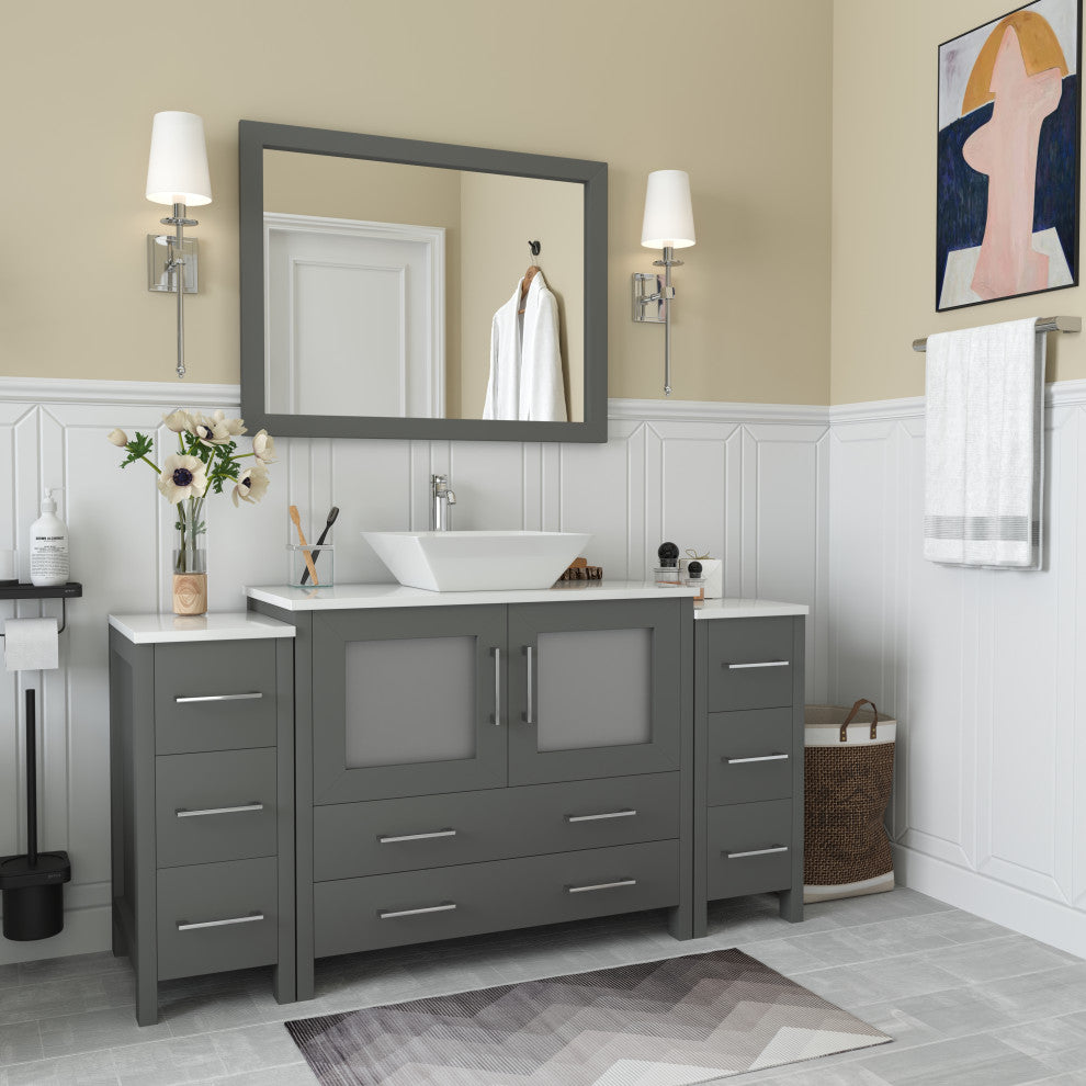 Vanity Art Vanity Set With Vessel Sink, Gray, 60", Led Sensor-Switch Mirror