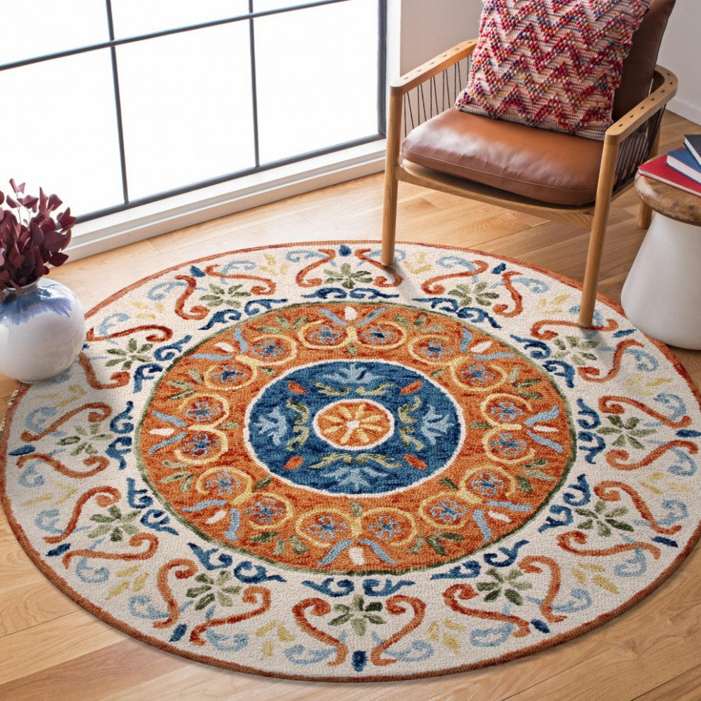 4" Round Orange Traditional Medallion Area Rug