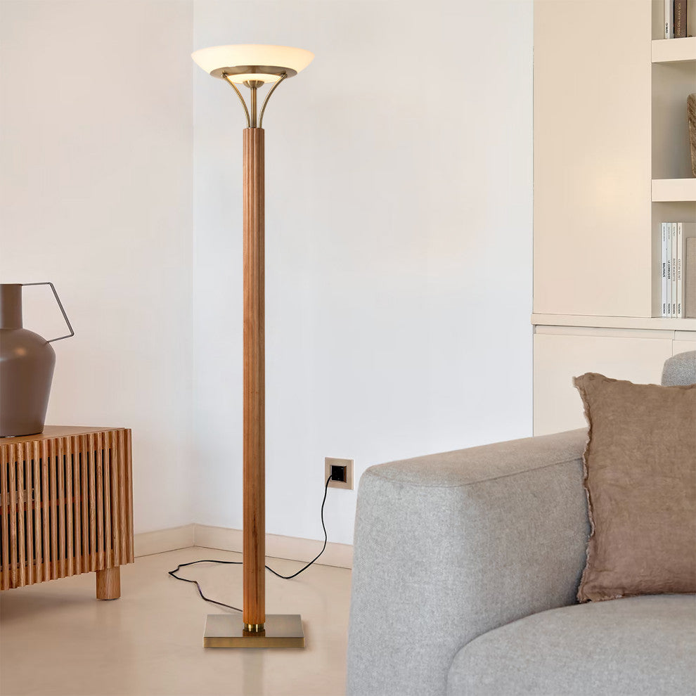 Tambo Torchiere Floor Lamp - Dark Walnut Wood Finish, Weathered Brass, Dimmer, Natural Ash Wood Finish, Weathered Brass