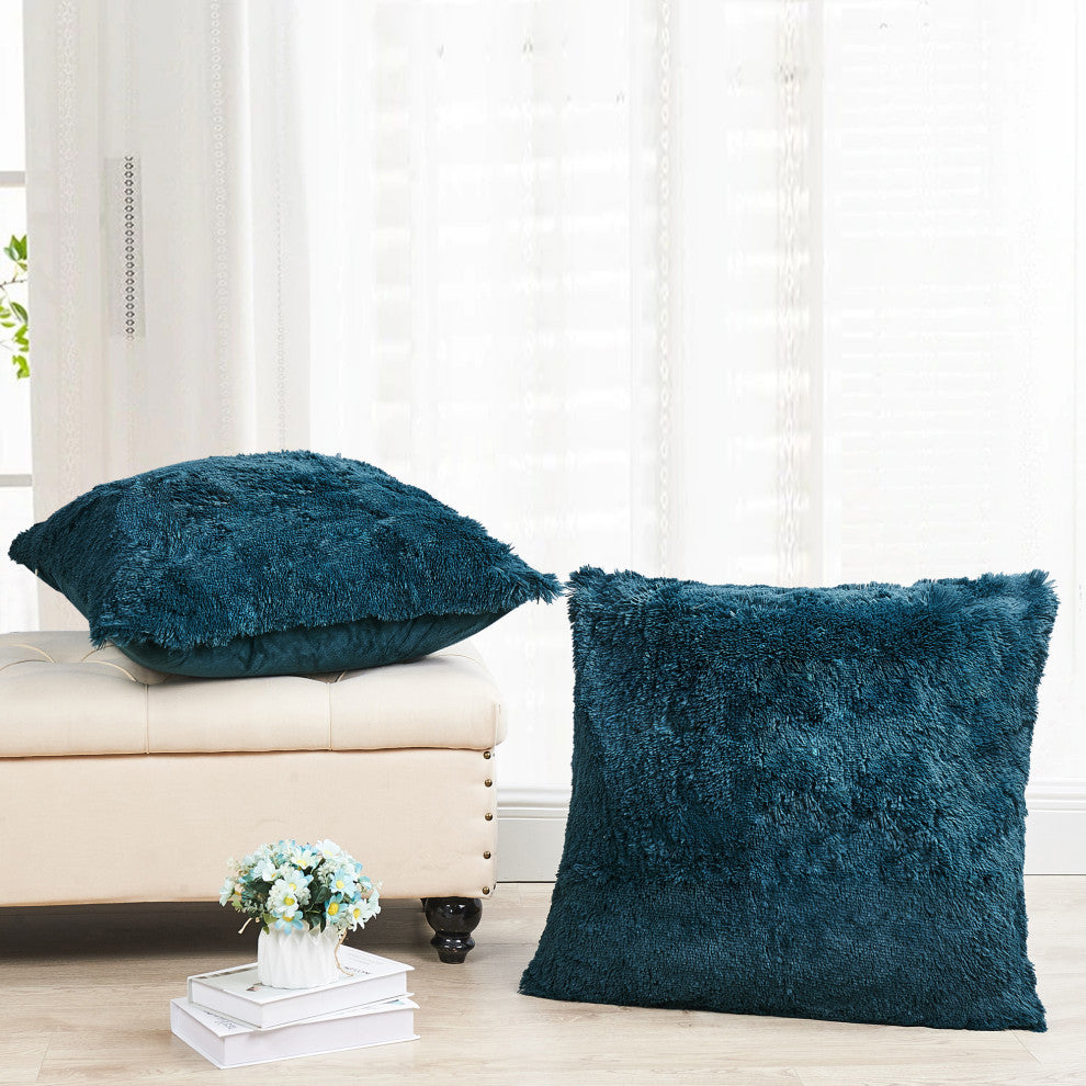 Shaggy Faux Fur Pillow Cover, Teal, Set of 2, 26"x26"