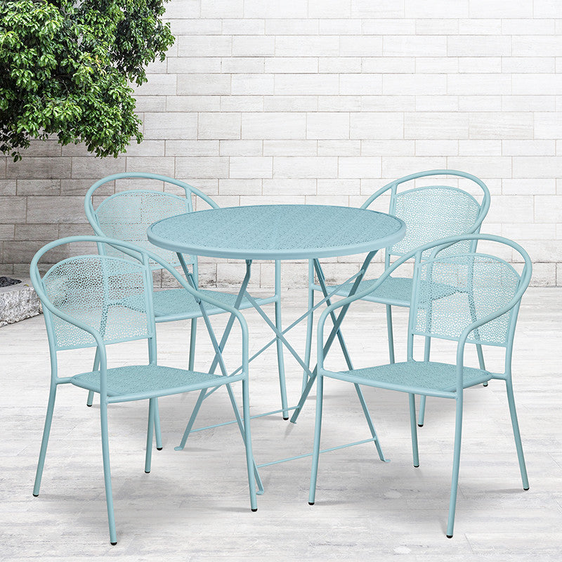 30'' Round Indoor-Outdoor Steel Patio Table and 4 Round Back Chairs, Blue