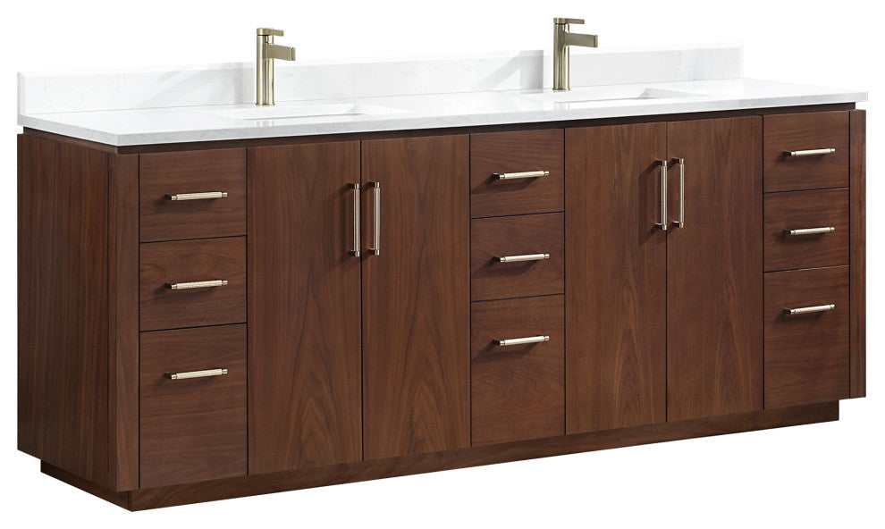 San Bath Vanity with Stone Top, Natural Walnut, 84", Double Vanity, No Mirror