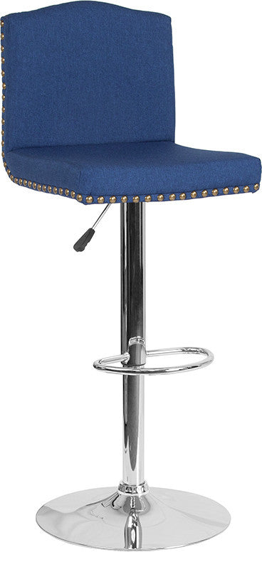 Contemporary Adjustable Height Barstool With Accent Nail Trim, Blue Fabric