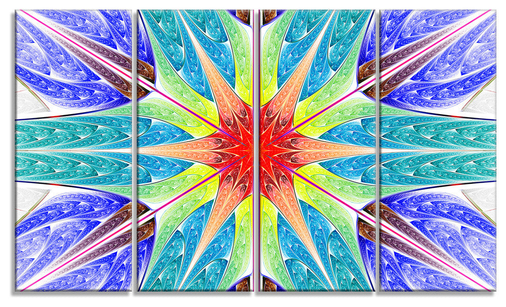 Extraordinary Fractal Blue Design, Abstract Canvas Art Print, 48"x28", 4 Panels