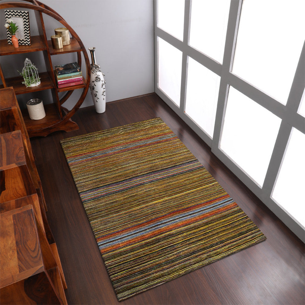 HAND KNOTTED LOOM WOOL ECO-FRIENDLY AREA RUGS - Rectangle, Multicolor, Striped