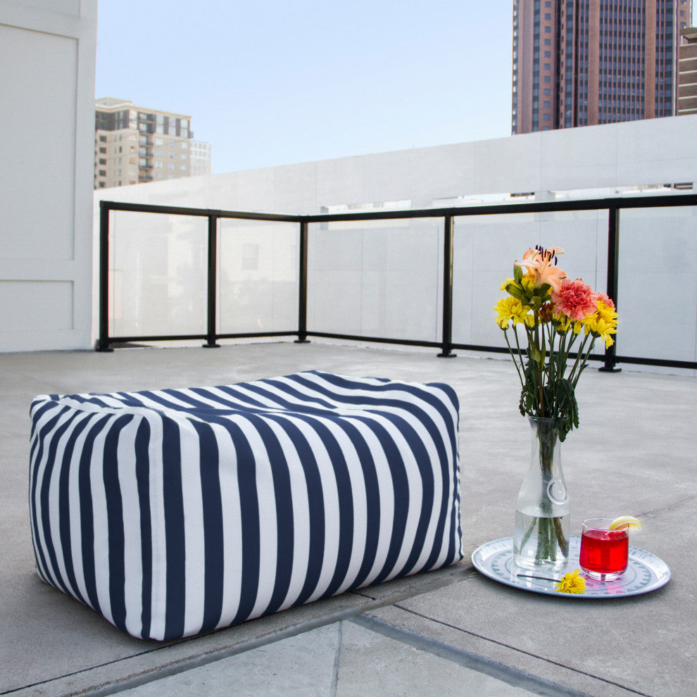 Leon Outdoor Patio Bean Bag Ottoman, Navy Stripes