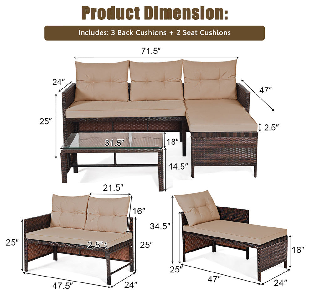 Costway 3 PCS Outdoor Rattan Furniture Sofa Set Lounge Cushion Patio Garden New