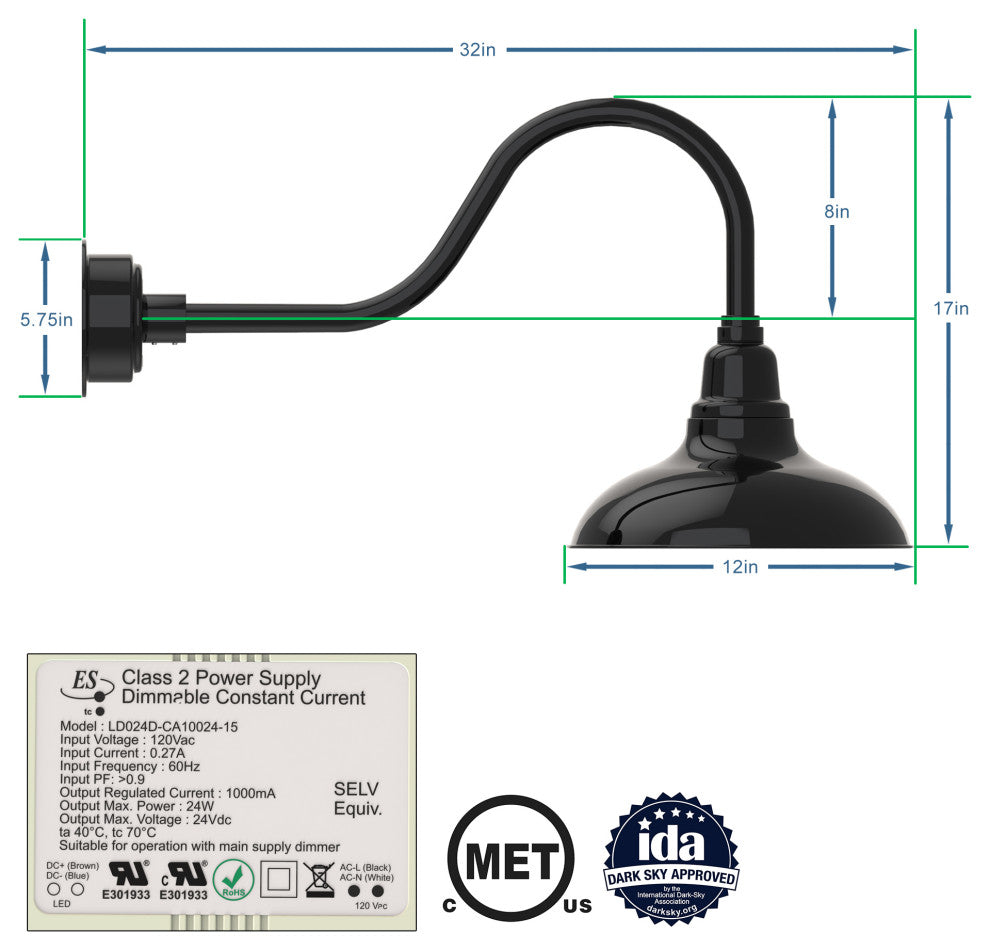 12in.  Black Gooseneck Barn Light with Contemporary Arm