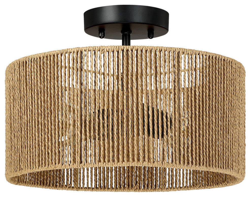 14" W 2-Light Woven Rope Drum Semi-Flush Mount Ceiling Light, Natural