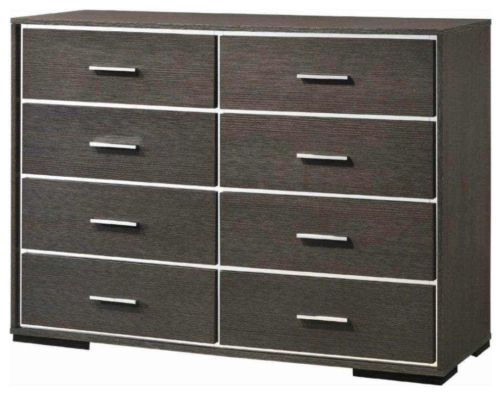 Contemporary Double Dresser, 8 Spacious Drawers With Aluminum Pulls, Gray Oak