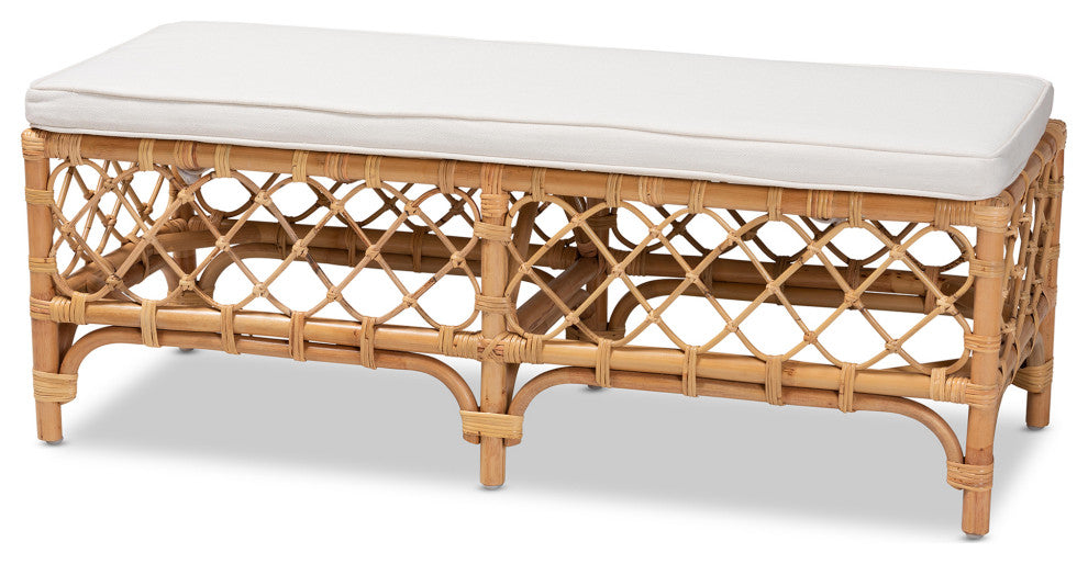 Steele Modern Bohemian Rattan Collection, White/Natural Brown, Bench
